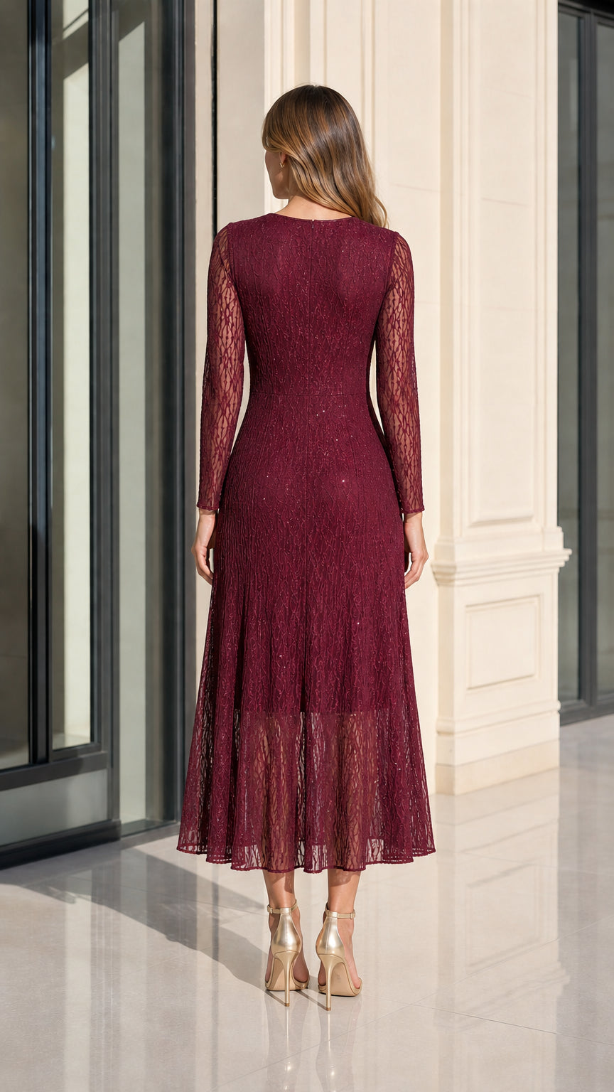 Burgundy long sleeve lace dress back view