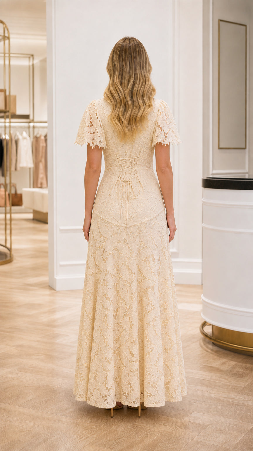 Back view of Champagne floral lace floor length formal gown