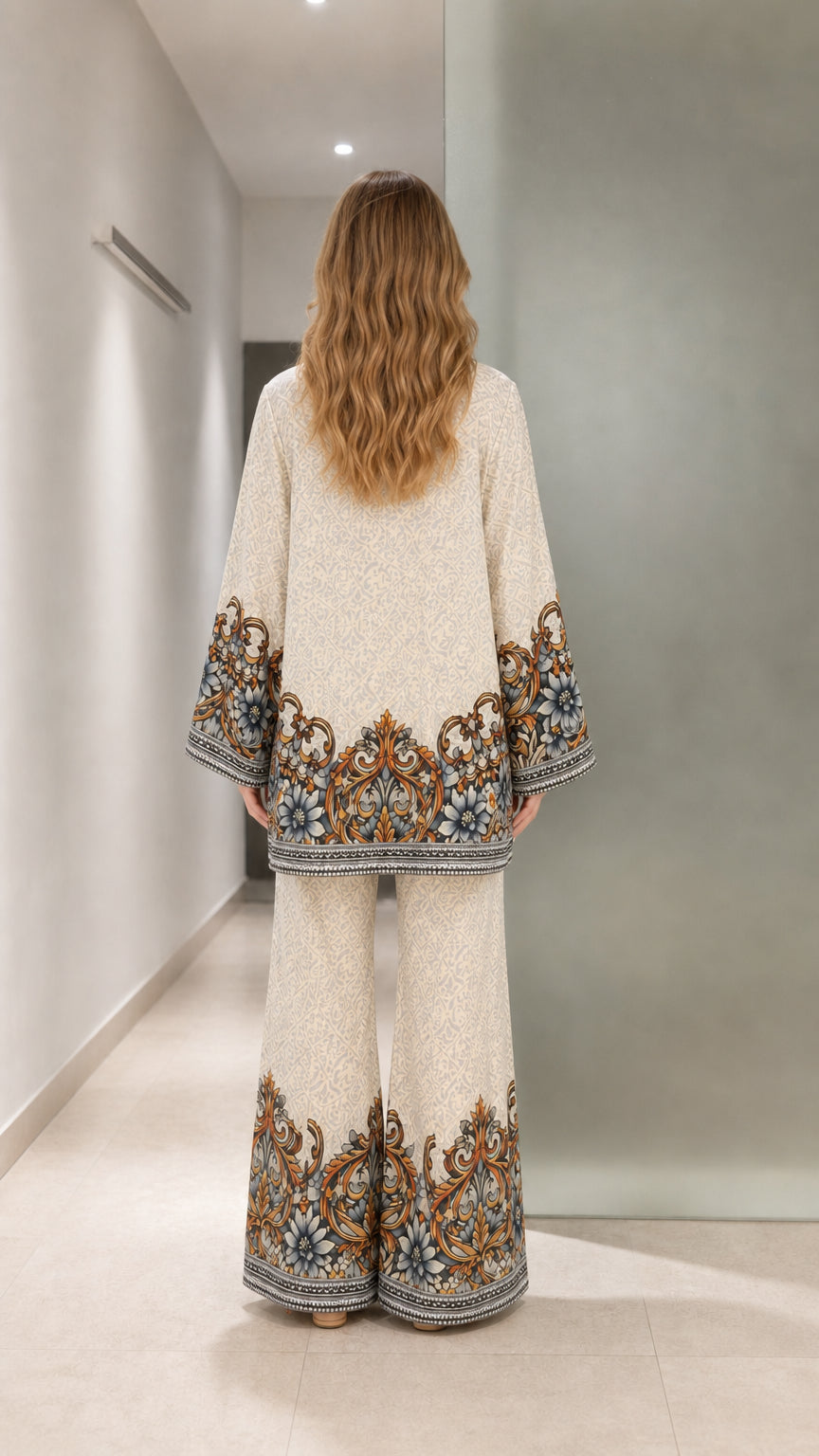 Back view of cream baroque floral printed two-piece outfit