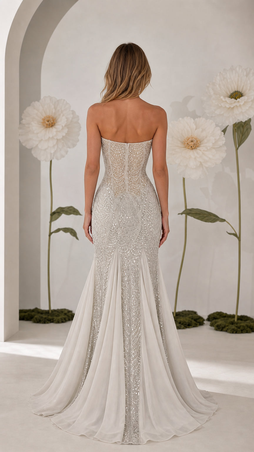 Back view of strapless silver sequin evening gown showing train detail