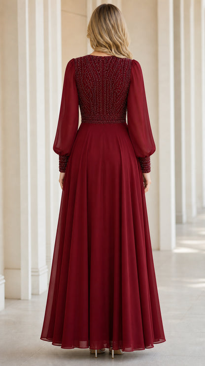 Burgundy long sleeve formal evening gown back view