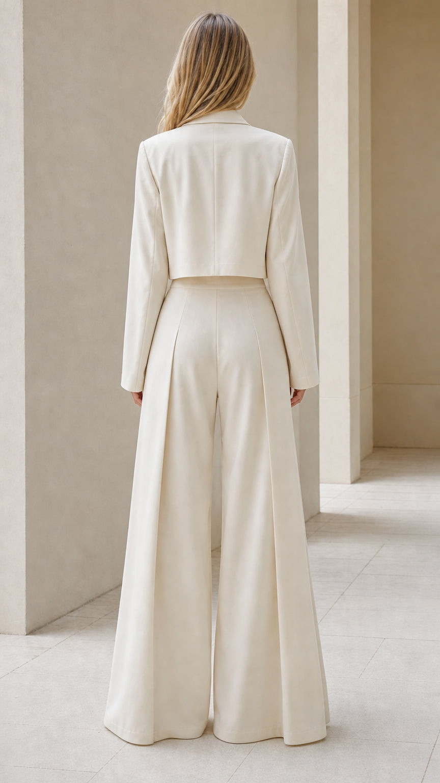 Back view of woman in cream cropped jacket and high-waisted flowing trousers