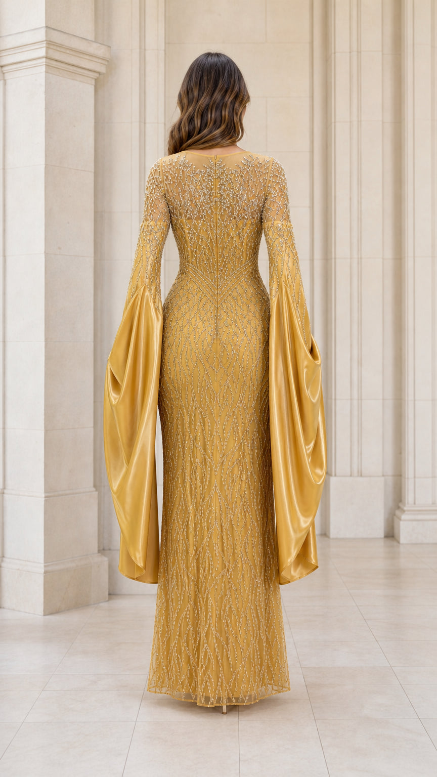 Gold floor-length sequin column evening gown - back view