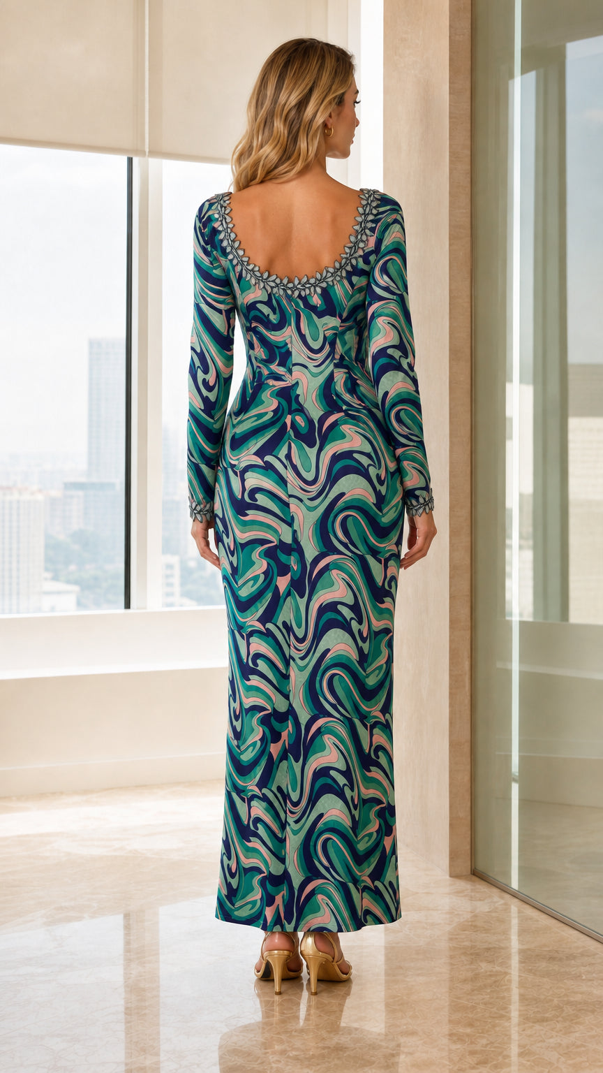 Back view of model wearing Teal Blue maxi dress showing open scoop back