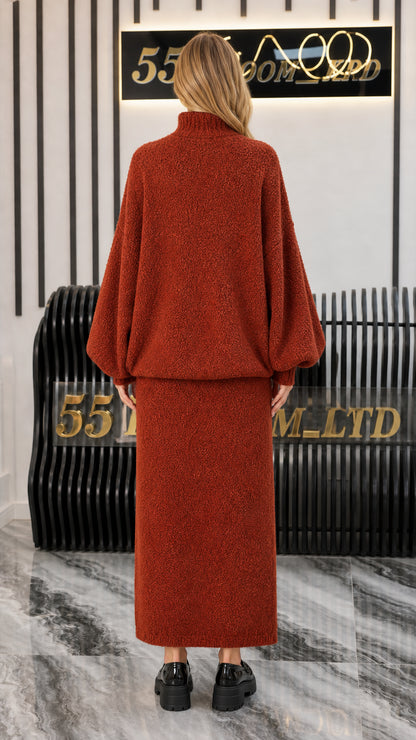 Back view of model wearing Rust cozy knit two-piece outfit