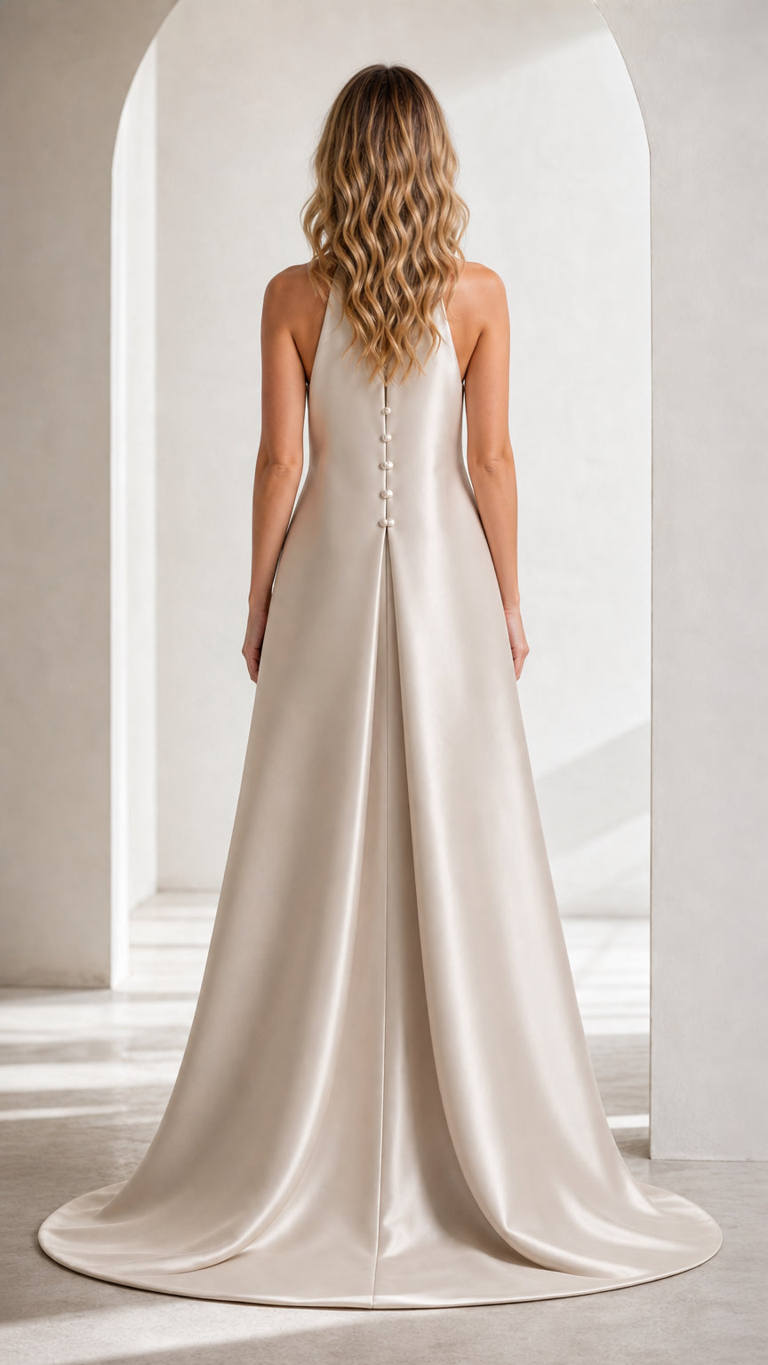 Back view of Champagne satin gown showing button details and floor-sweeping train