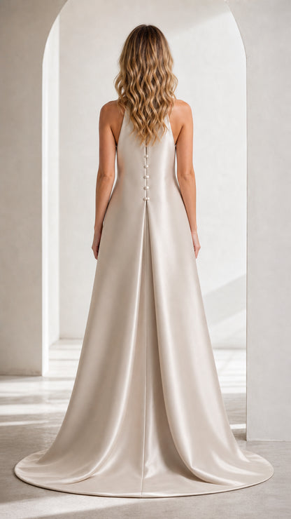 Back view of Champagne satin gown showing button details and floor-sweeping train
