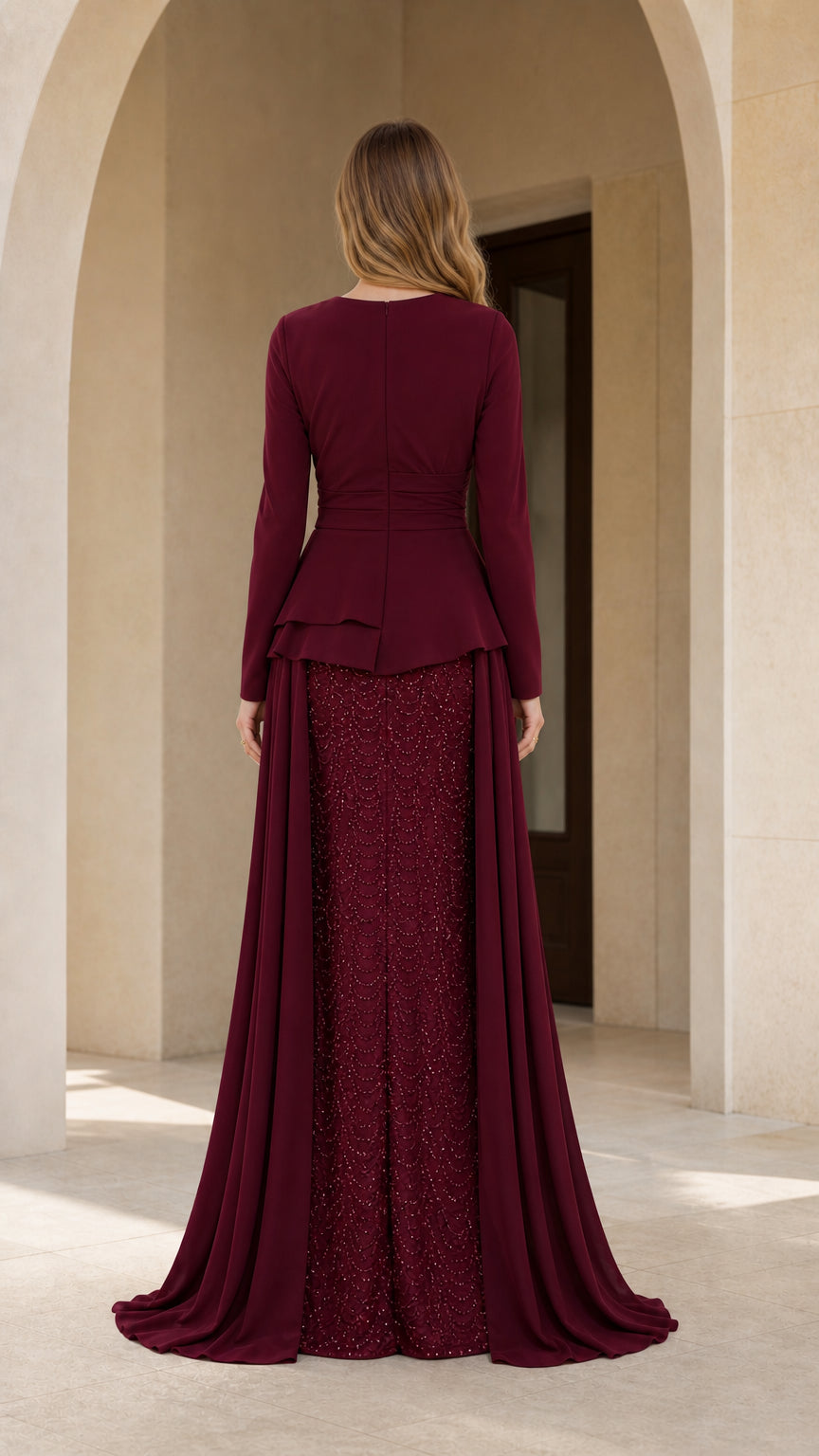Burgundy floor length evening dress with long sleeves - back view