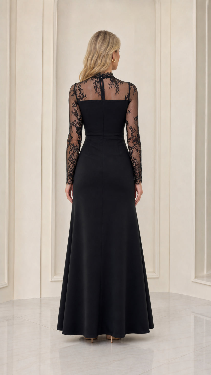 Back view of black long sleeve evening gown showing sheer lace upper panel