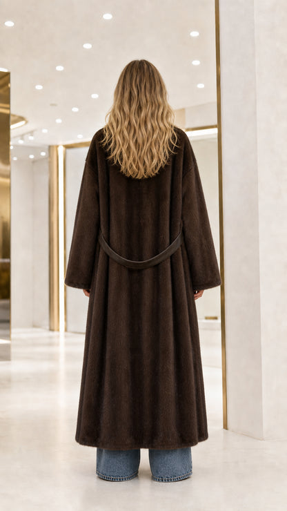 Back view of model wearing the floor-length dark brown faux fur coat with waist belt detail