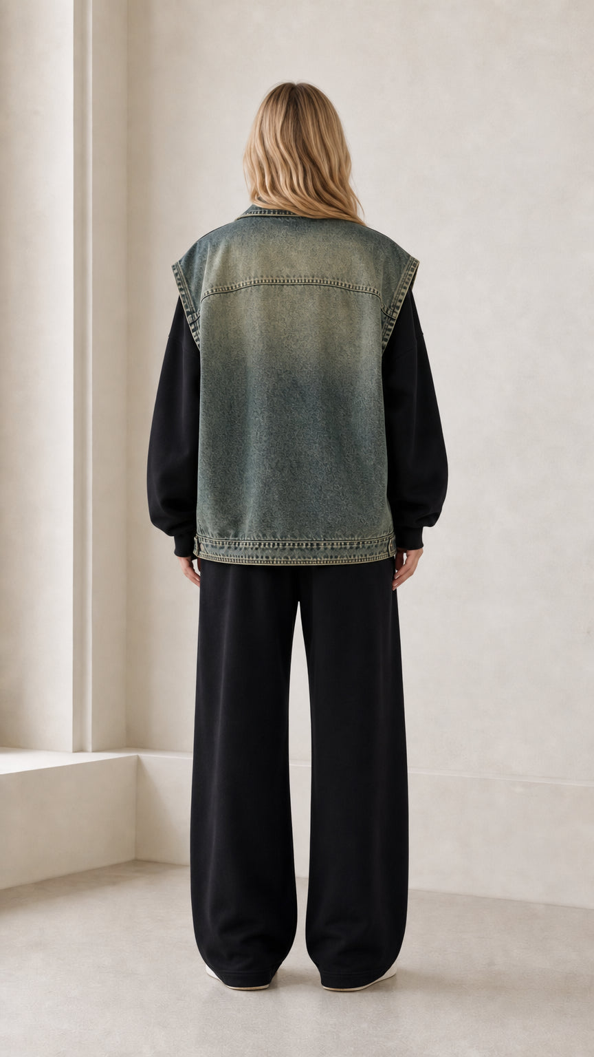 Back view of oversized vintage blue denim vest styled with black lounge pants