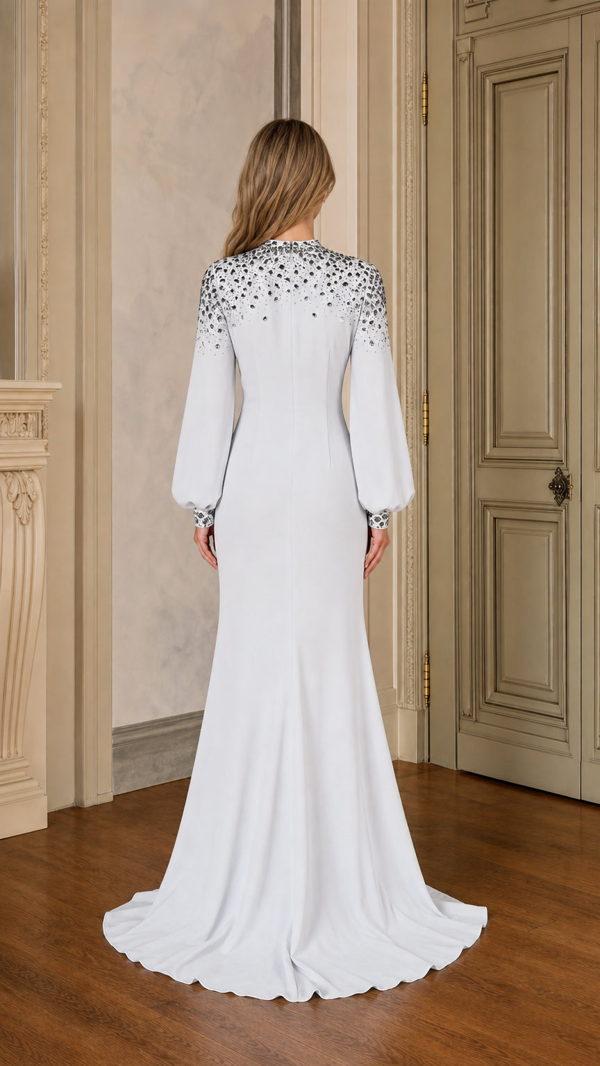 Ice Blue formal evening dress back view showing embellished shoulders and sweeping hem