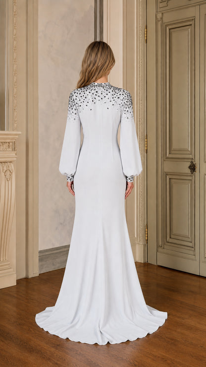 Ice Blue formal evening dress back view showing embellished shoulders and sweeping hem