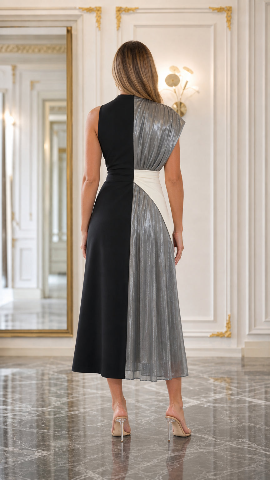 Back view of Black & Silver two-tone midi formal dress