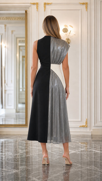 Back view of Black & Silver two-tone midi formal dress