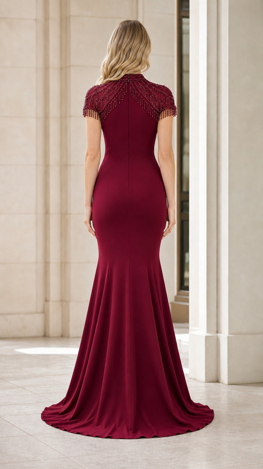 Back view of Burgundy Mermaid Gown with Fitted Train
