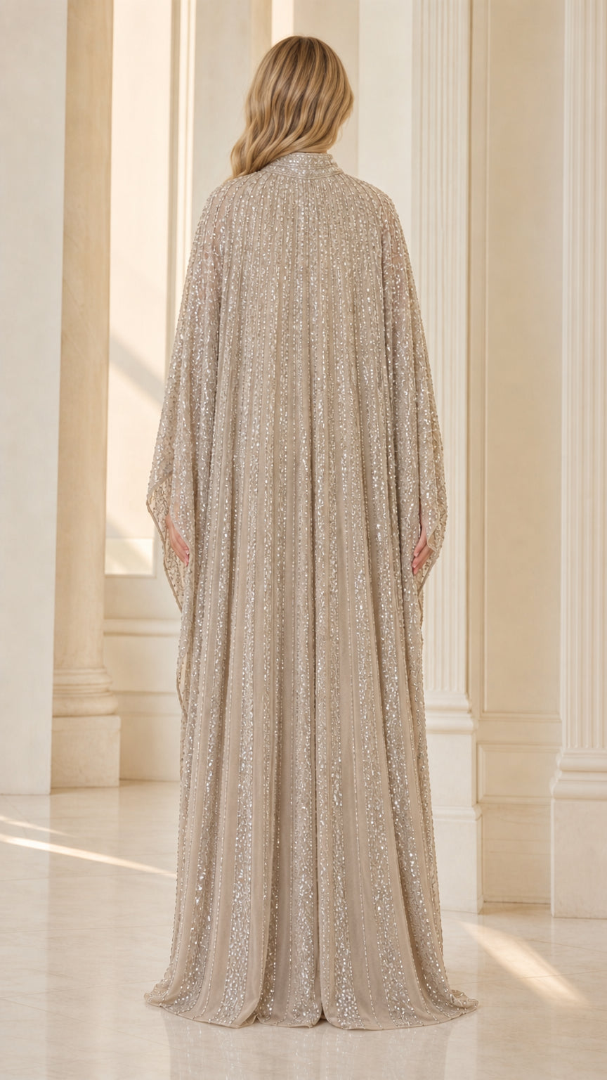 Champagne floor-length sequin kaftan dress back view