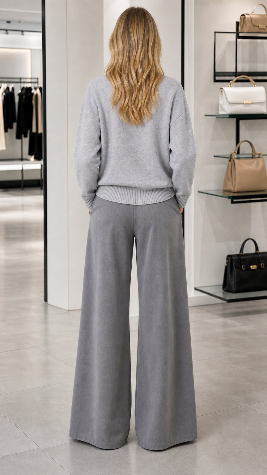Back view of model wearing a light grey long sleeve crewneck sweater