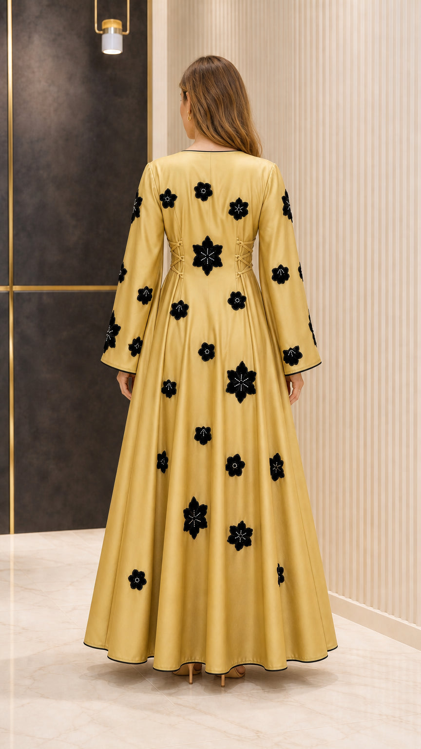 Back view of Mustard Gold satin maxi dress showing A-line silhouette