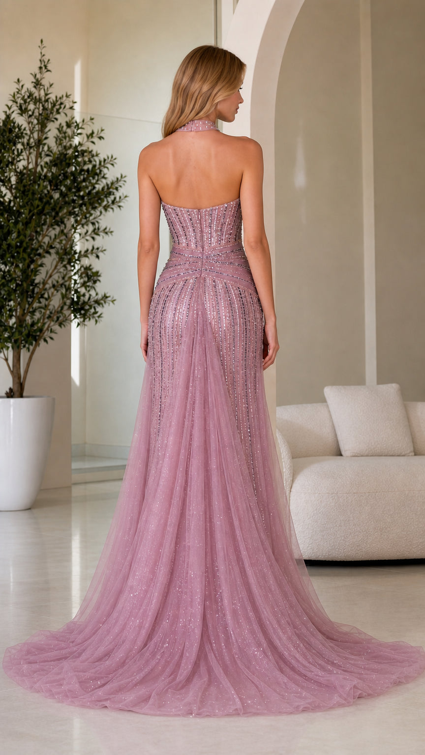 Back view of dusty rose evening dress showcasing sweeping tulle train