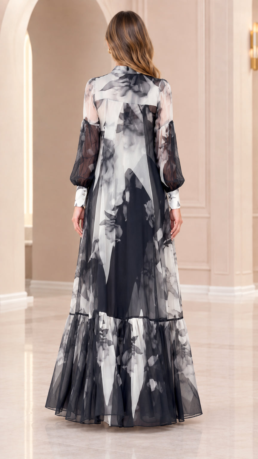 Back view of black and white floral print chiffon maxi dress