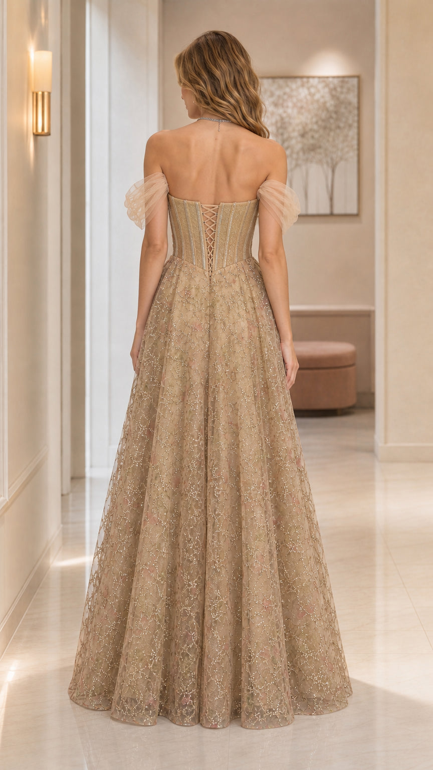 Champagne gold evening gown back view showing lace-up corset detail