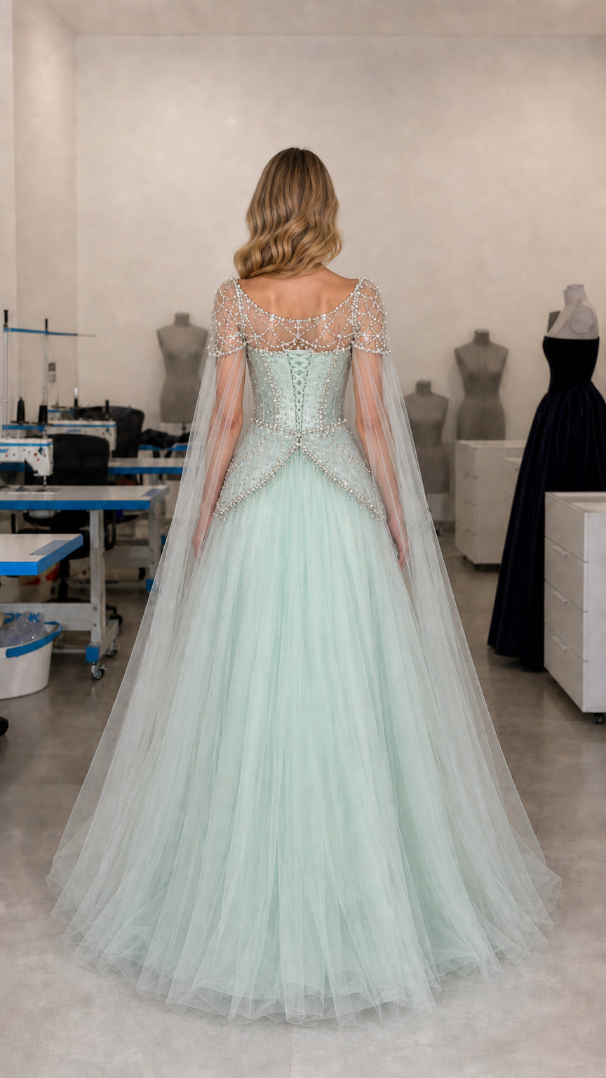 Back view of mint green corset ball gown showing sheer back and cape detail