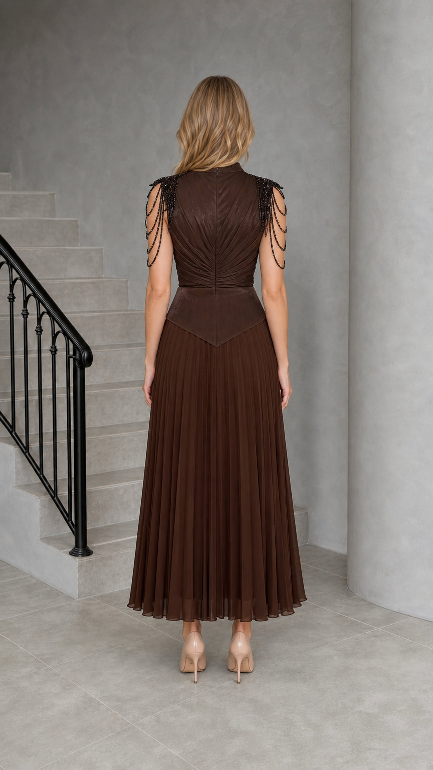 Chocolate Brown Pleated Formal Dress - Back View with Zip Closure