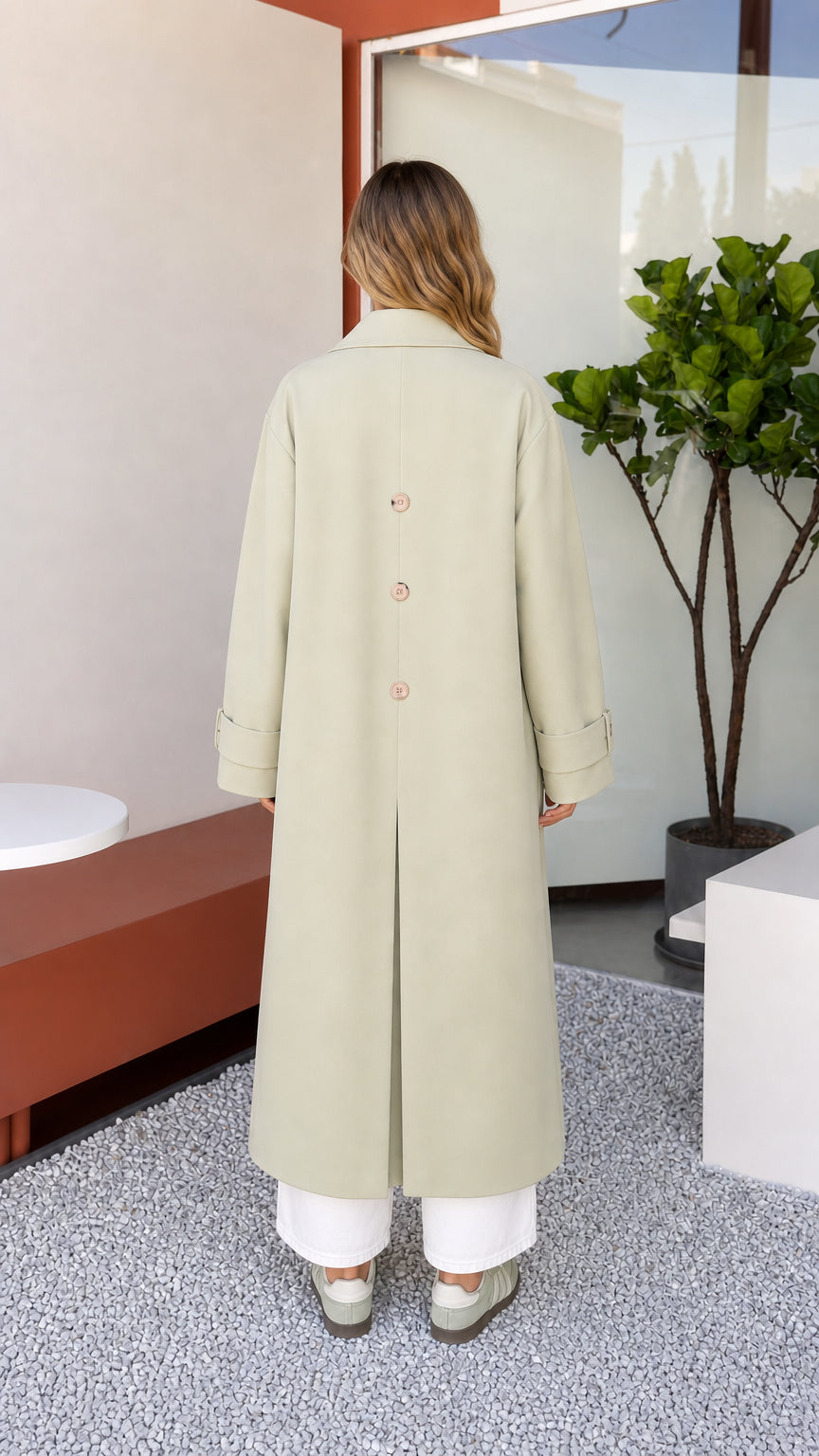 Back view of Sage Green trench coat showing vertical button detail along center back vent