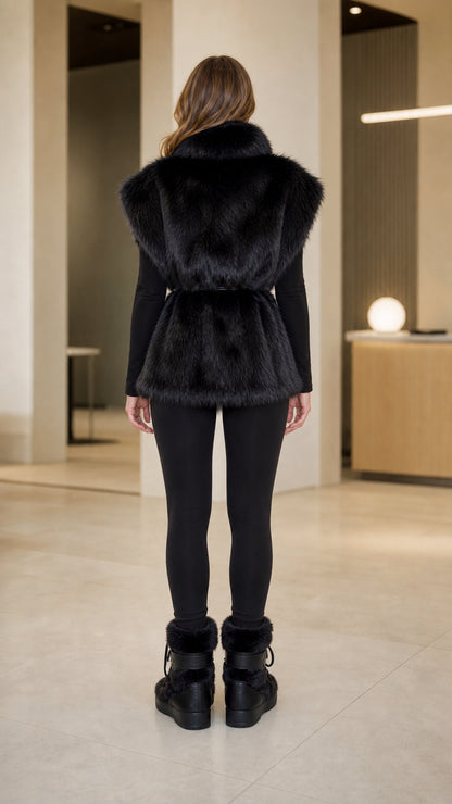 Back full-length view of model wearing black faux fur vest with adjustable waist tie