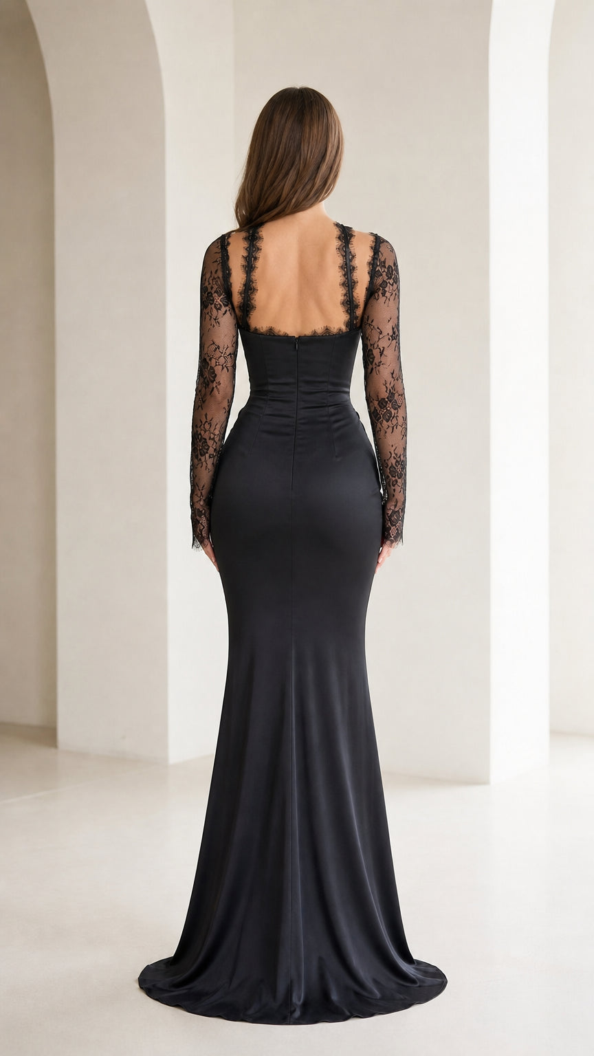 Back view of black lace open back floor-length evening gown