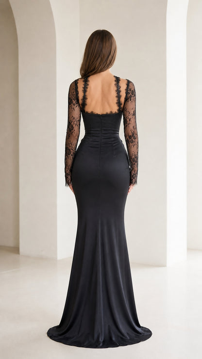 Back view of black lace open back floor-length evening gown