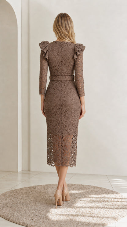 Back view of model wearing mocha brown floral lace 3/4 sleeve midi dress