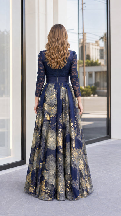 Back view of navy blue long sleeve lace and jacquard evening gown