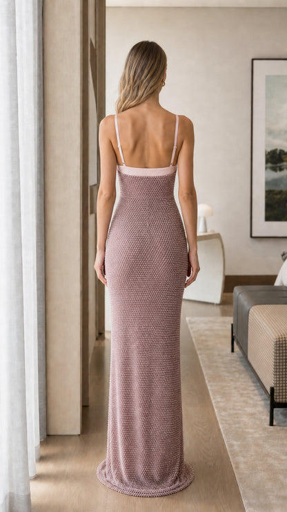 Back view of dusty rose spaghetti strap maxi evening dress