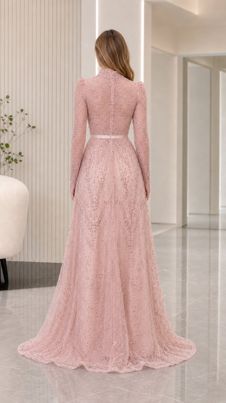 Blush pink sequin long sleeve evening gown back view showing sweep train
