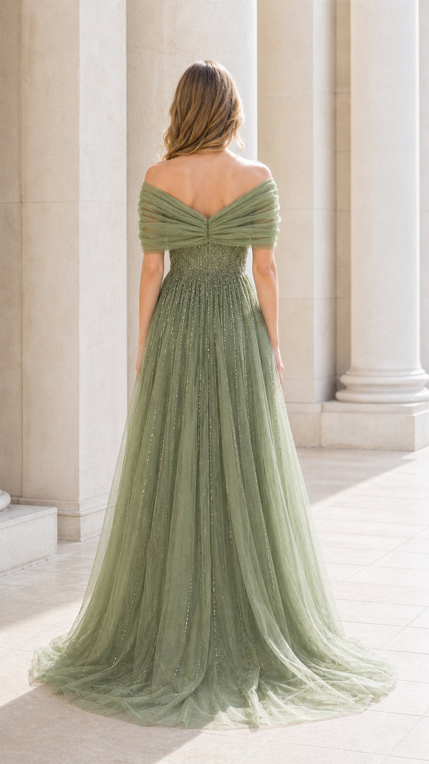 Sage green off-shoulder evening gown back view showing flowing tulle train