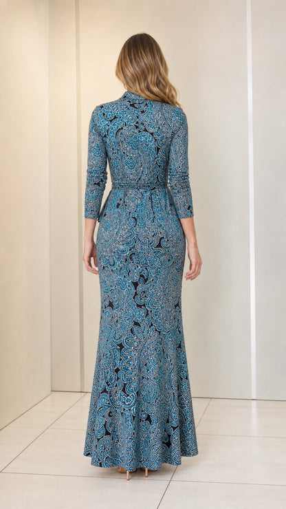 Back full-length view of Teal Blue paisley print maxi dress showing fit