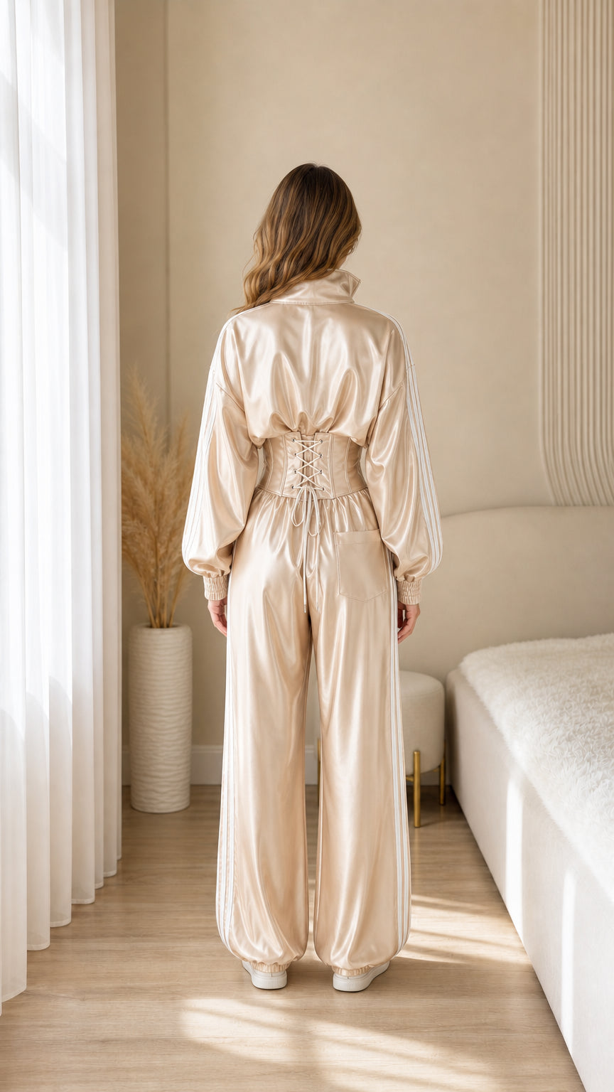 Back view of champagne satin tracksuit showing corset lace-up tie detail