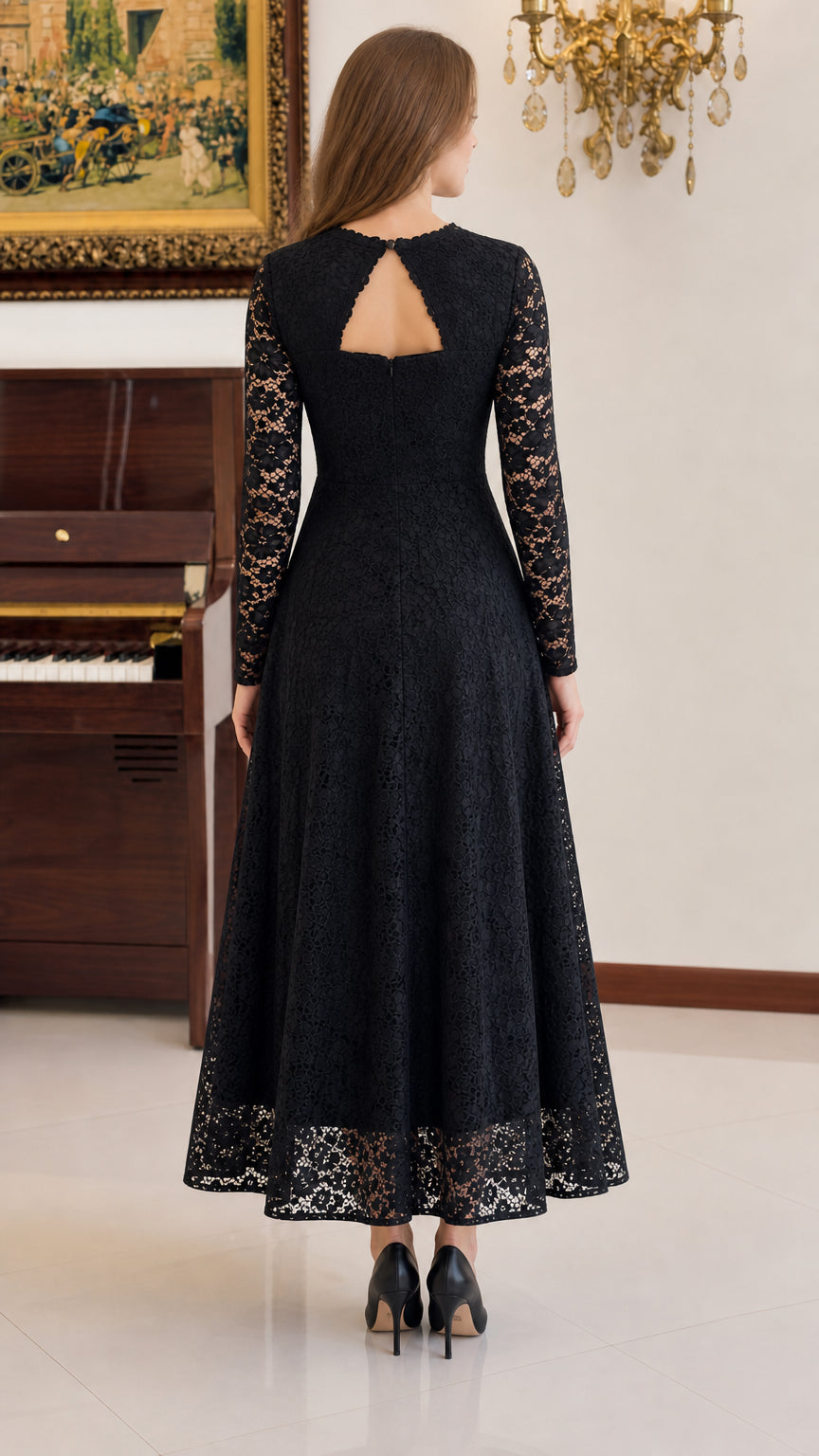 Back view of black lace maxi dress showing cutout keyhole detail