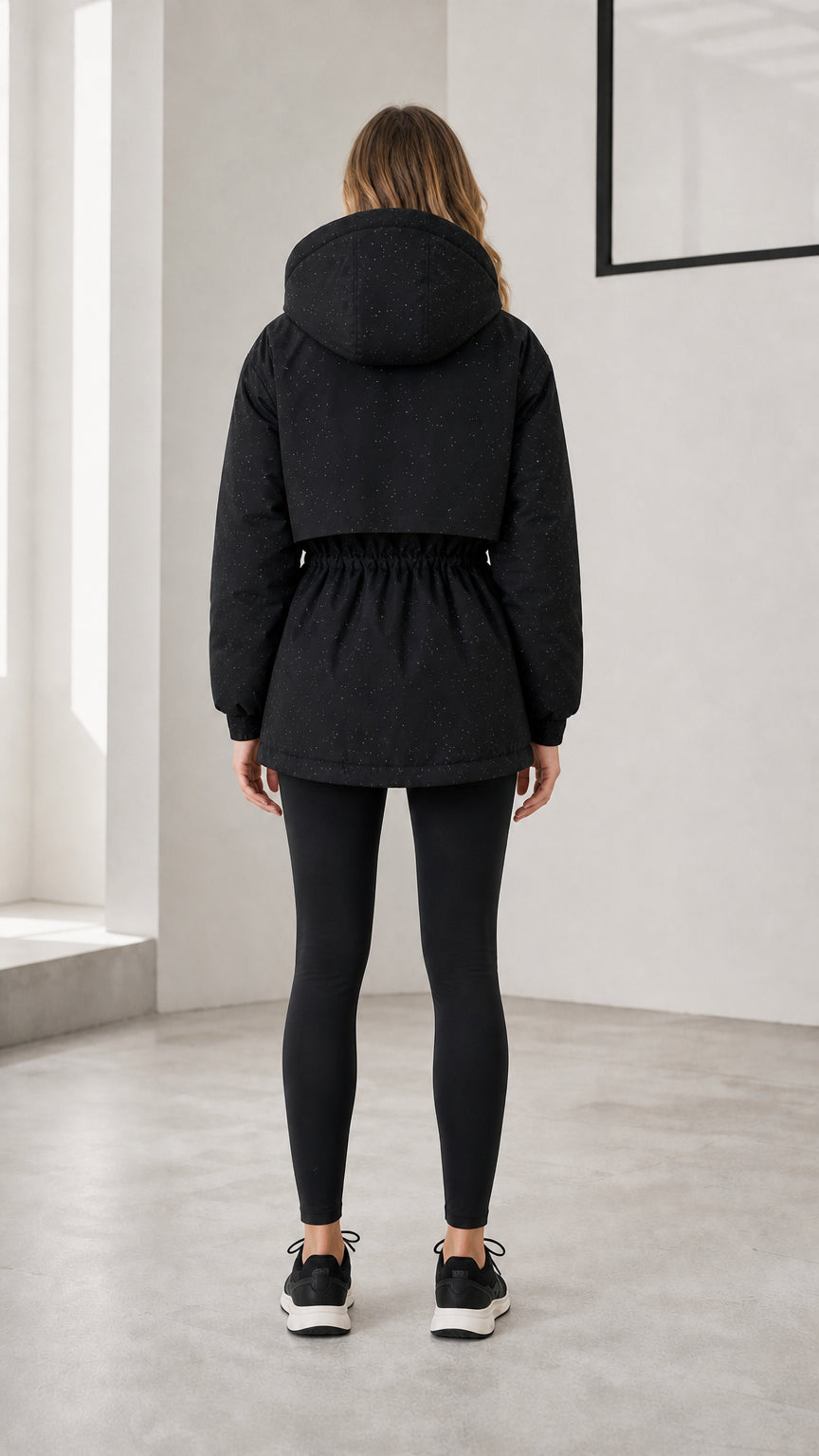 Back view of model wearing black hooded winter parka showing cinched waist detail