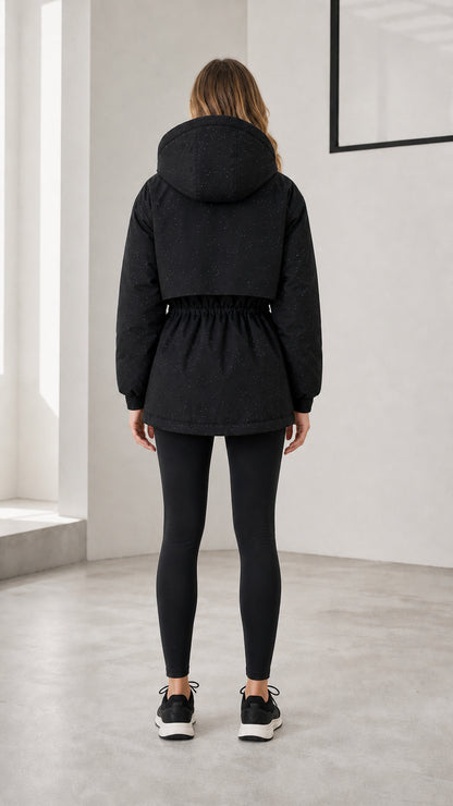 Back view of model wearing black hooded winter parka showing cinched waist detail