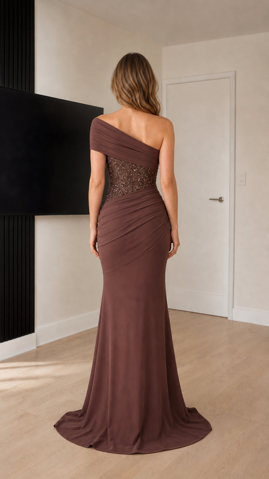 Back view of Mocha Brown draped one-shoulder formal gown