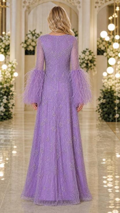 Back view of lavender sequin maxi dress showcasing elegant long sleeves and floor-sweeping skirt