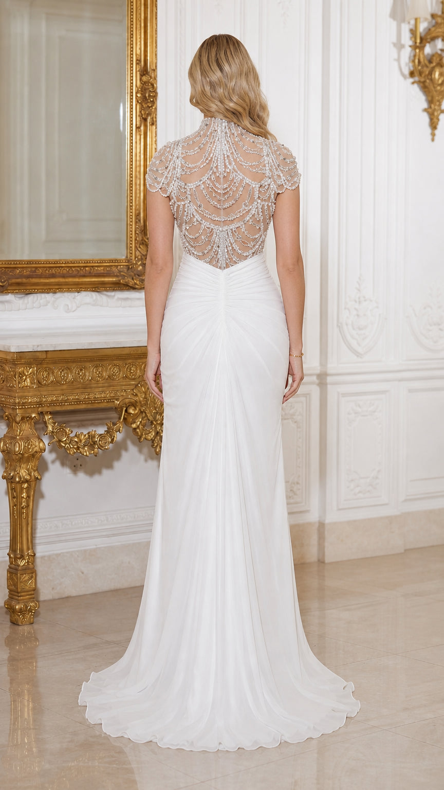 Back view of white formal gown with sheer beaded back and sweep train