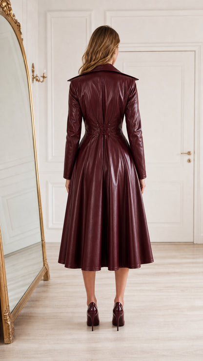 Back view of burgundy faux leather midi coat dress highlighting cinched waistline