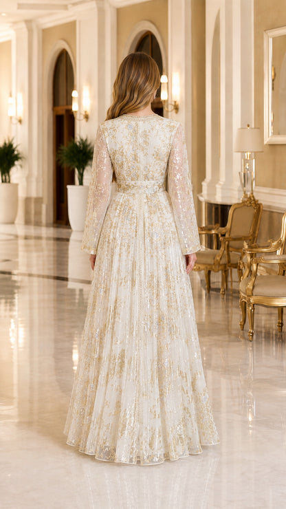 Back view of model wearing white metallic floral embroidered floor-length kaftan