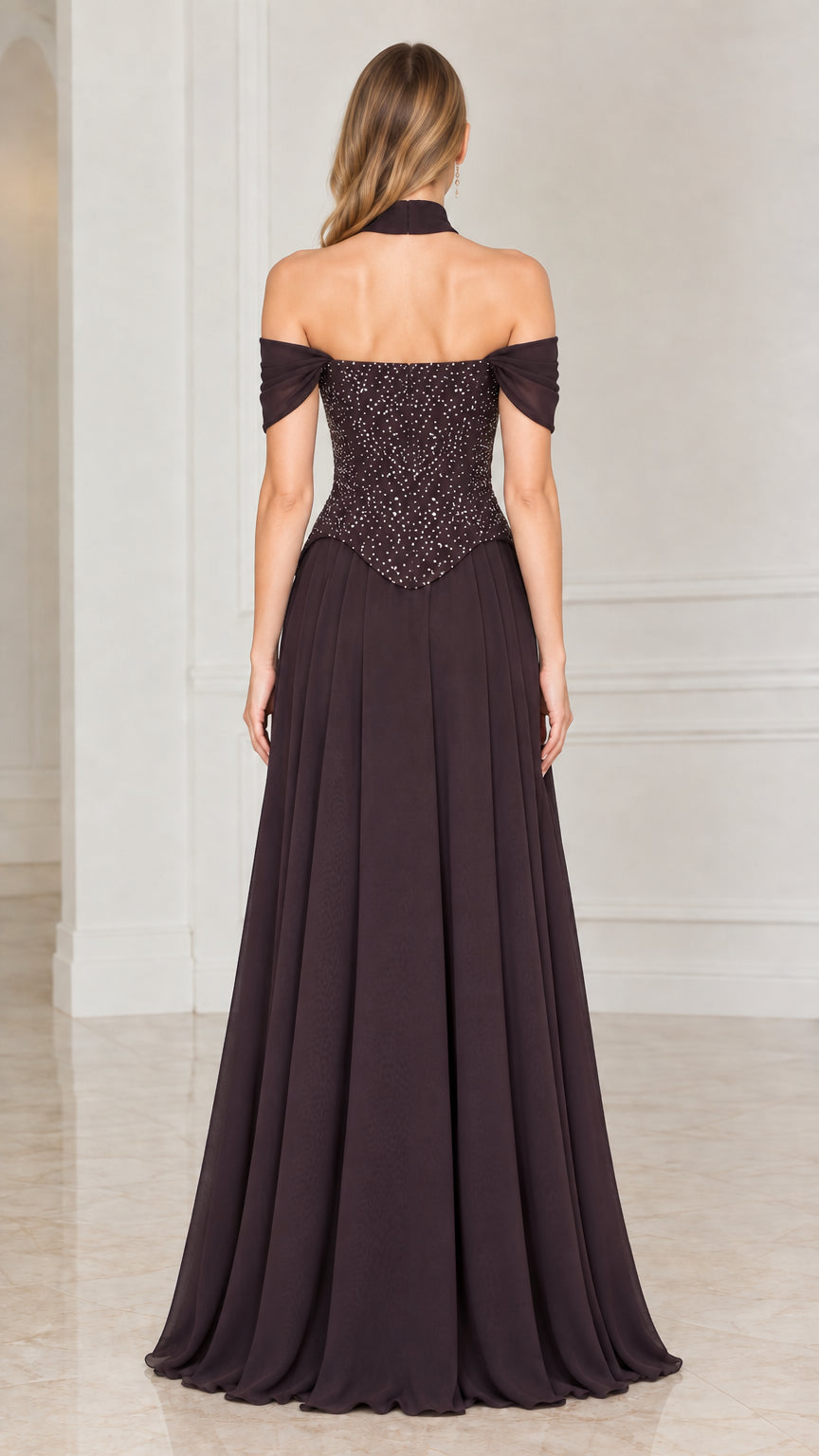 Back view of plum off-the-shoulder formal maxi dress showing beaded bodice and pleated skirt