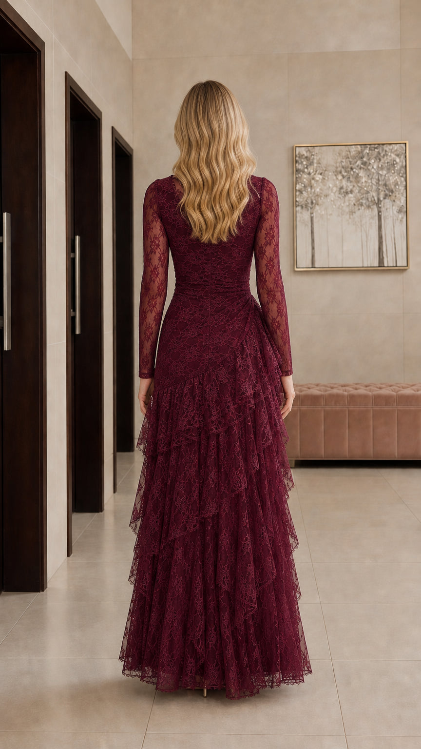 Burgundy lace maxi dress back view
