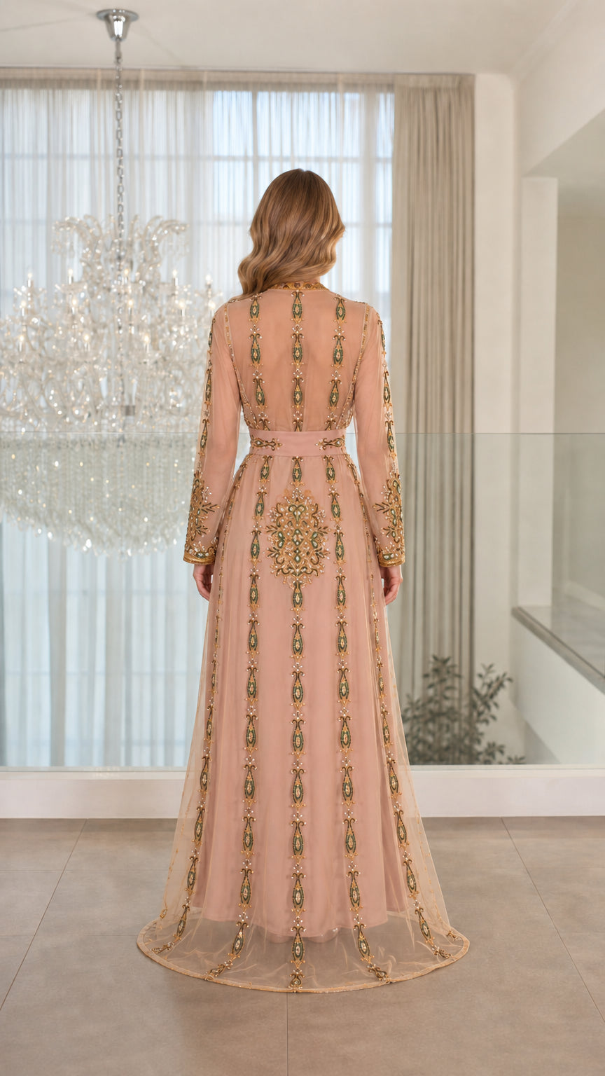 Back view of dusty pink sheer overlay kaftan evening dress with vertical embroidery accents